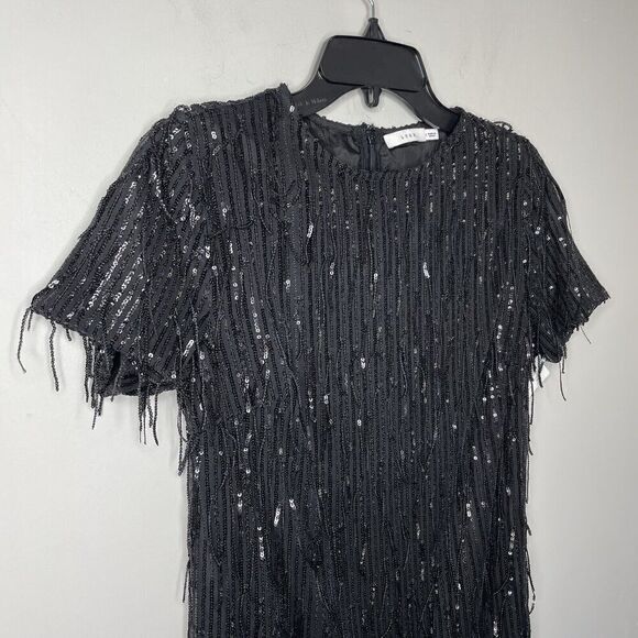 LUSH Cocktail Dress Womens Small Black Sequin Fringe NEW Short Sleeve Mini - Picture 3 of 10